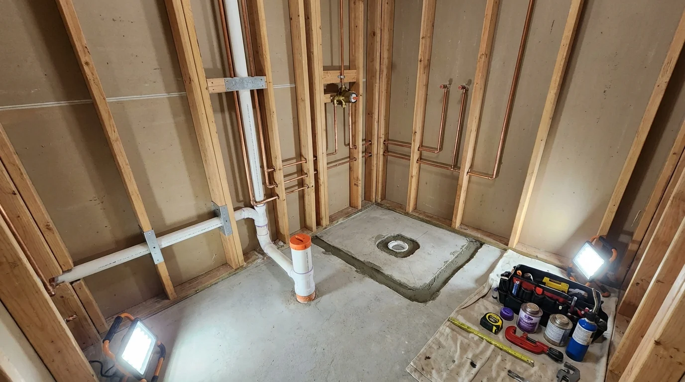 Bathroom rough-in plumbing during remodel by Johns Plumbing LLC in Southfield