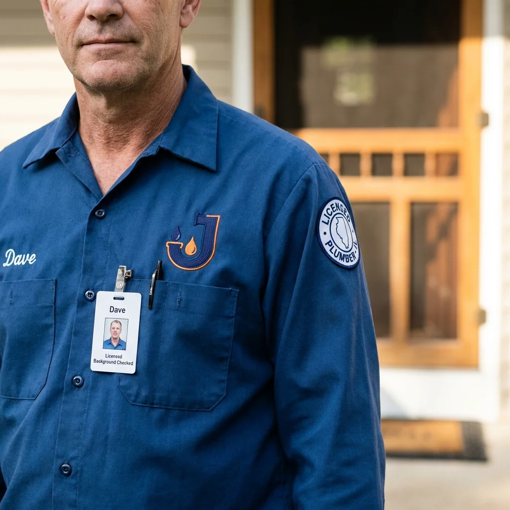Licensed plumber showing ID badge in Southfield, MI