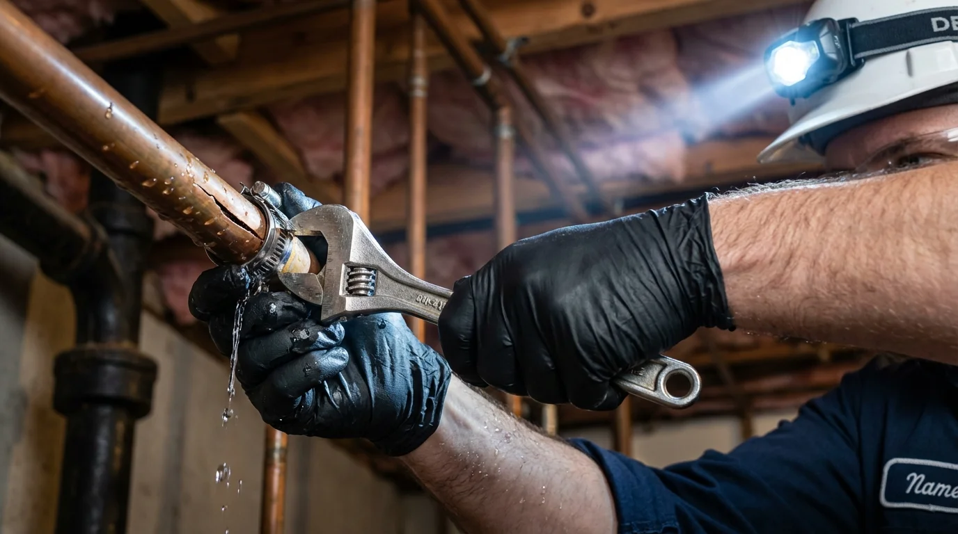 Emergency pipe clamp repair being performed by a Johns Plumbing LLC plumber in Southfield