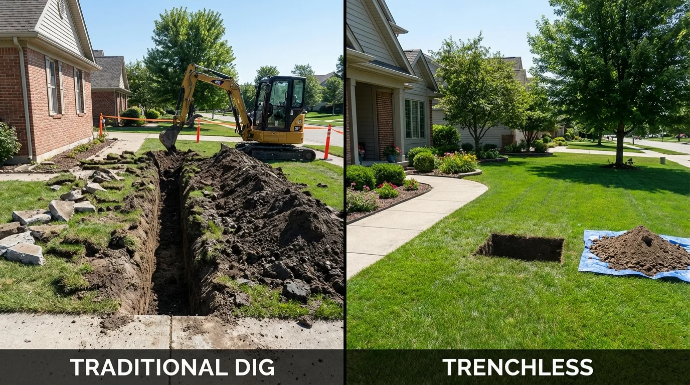 Trenchless sewer repair with minimal yard damage versus traditional excavation in Southfield, MI