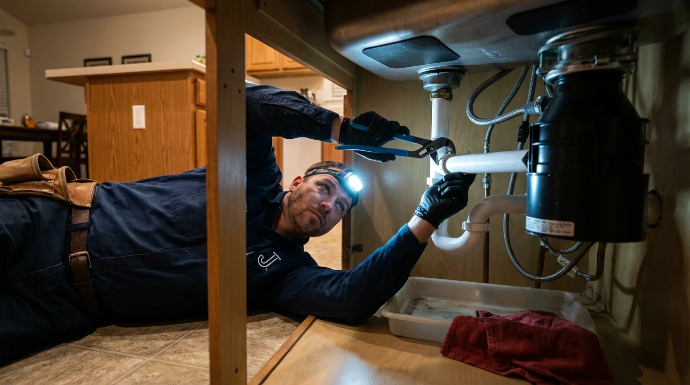 P-trap and supply line connections under a kitchen sink showing a common leak point in Southfield, MI
